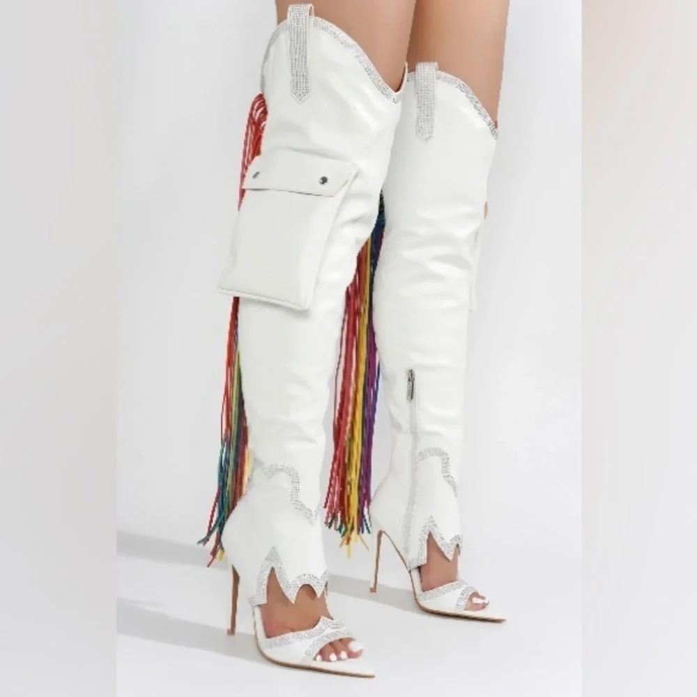 CAPE ROBBIN LISE WESTERN RHINESTONE FRINGED CARGO POCKET BOOTS NIB